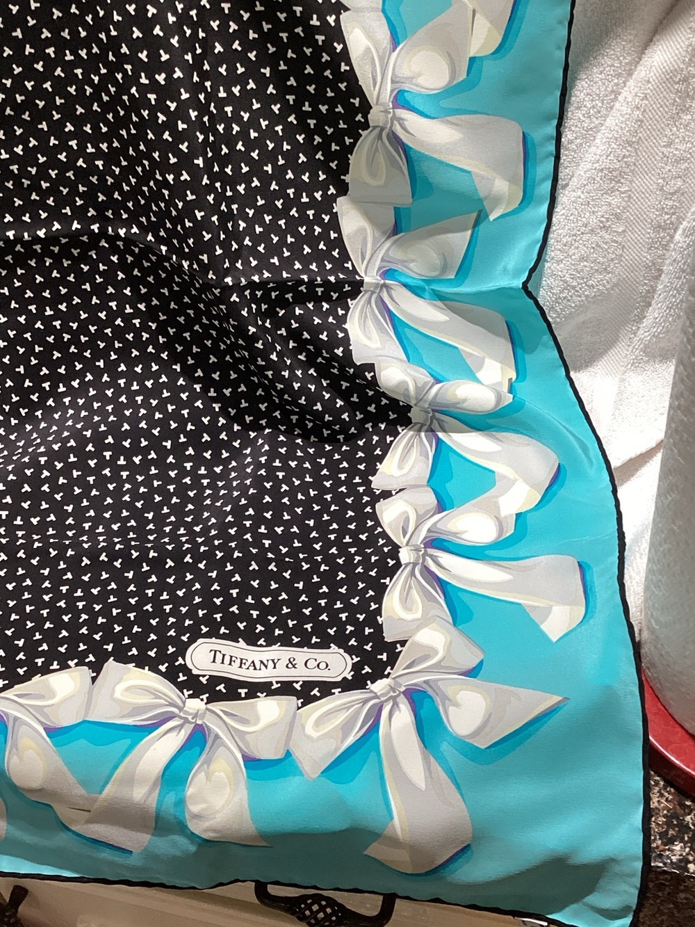 Tiffany & Co. Black Heart Print Scarf with Tiffany Blue Ribbon Border - Picture 7 of 10